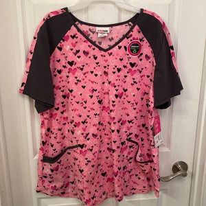 Pink and gray hearts print scrubs top